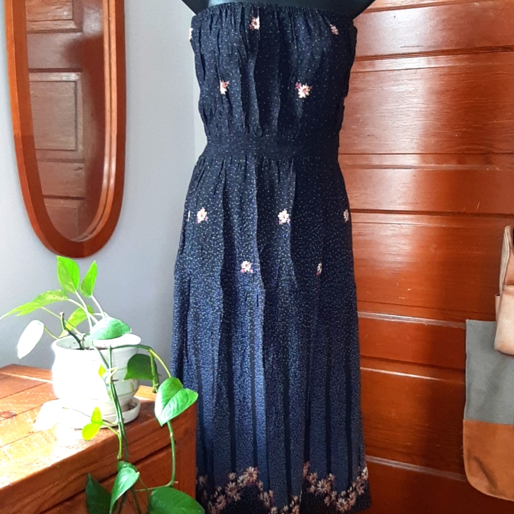 Vintage Sheer Polyester Strapless Waterfall  Floral Dress